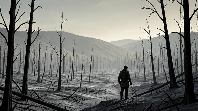 Sterile Burn from "Train Dreams". Sterile Burn Gray Valley The fire leaves ash, smoke, black trunks, and no visible animal or plant life.