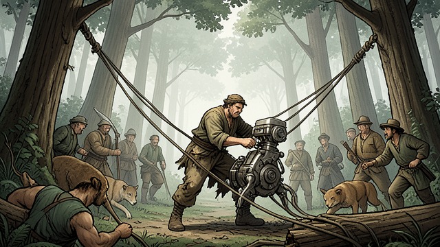 Logging Mastery from "Train Dreams". Logging Mastery Forest Assault With Simpson Company, Grainier works as a choker among sawyers, limbers, buckers, horses, and the Steam donkey.
