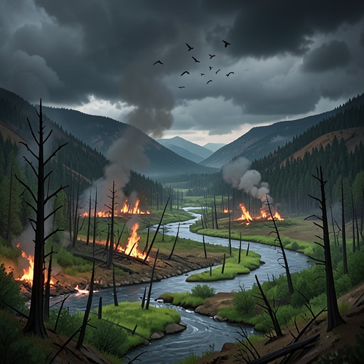 The Great Fire’s Ecology from "Train Dreams". This flow traces how fire changes the valley’s plants, animals, sounds, and human meanings.