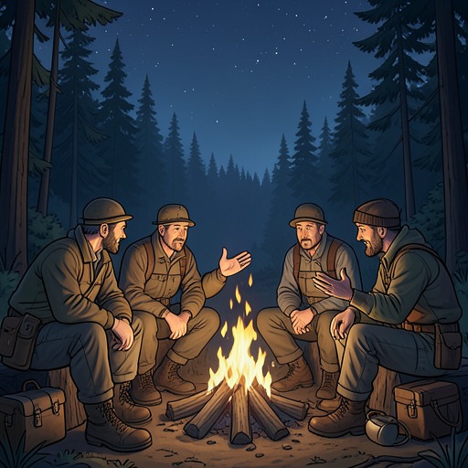 Arn Peeples and the Camp from "Train Dreams". This flow follows Arn Peeples from camp storyteller to sudden death and examines how the logging crew absorbs mortality.