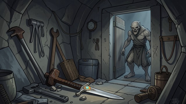 前往Drosta藏身处并取得Iddawc from "Fireblood". The expedition to Drosta’s lair leads Annon, Paedrin, Hettie, and Erasmus from a debris-strewn clearing into a hidden chamber guarded by a Goule.