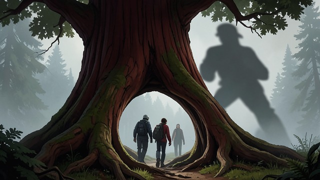 The group enters Mirrowen through the tree-root gateway from "Fireblood". The group enters Mirrowen through the tree-root gateway as the Fear Liath closes in, turning a refuge in a hollow redwood stump into a passage between worlds.