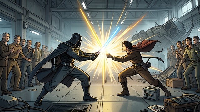 The Duel’s Disruption from "The Last Jedi". A Sudden Opening Vader Presses Forward Jax and Vader exchange blows in a station bay, with Vader anticipating how Jax will protect bystanders.