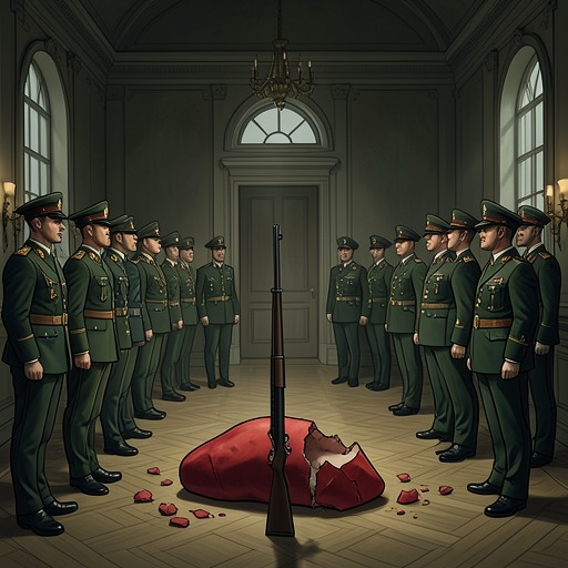 The Handover Becomes an Insurrection from "Afterburn". This flow traces how a diplomatic ceremony fractures into armed conflict as rival military factions dispute who has legitimate authority in Crimea.