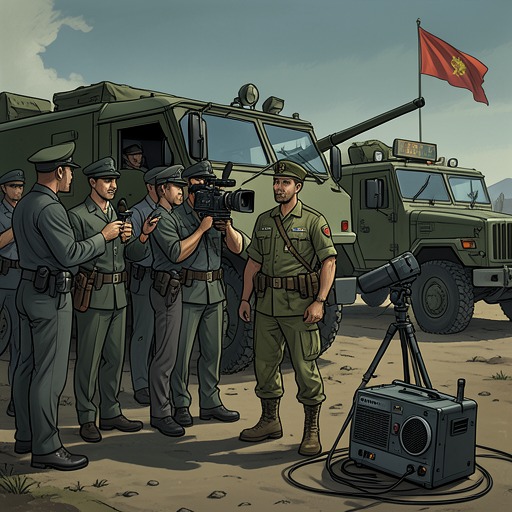 The Press as Witness and Participant from "Afterburn". This flow traces how American Cable News personnel shape the mission's public record while depending on military protection and communications.