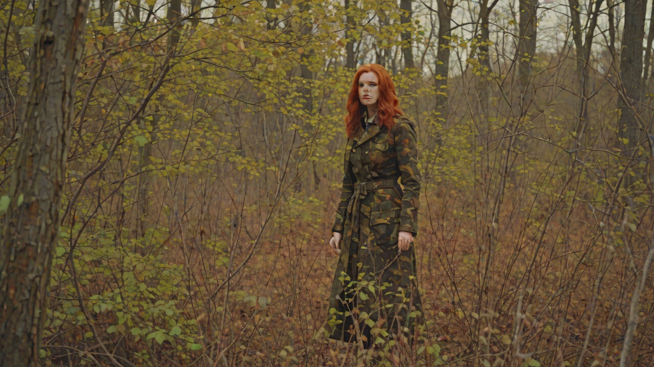 Tessie's Camouflage from "Lady in the Lake". Tessie's Camouflage Tessie Fine's loden coat and brown tights disappear into the gray underbrush, but her red hair flames like wildflowers.