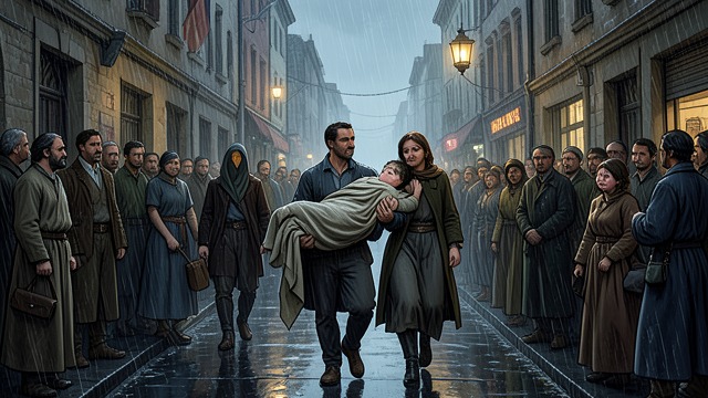The Burial Procession from "Hamnet". The Father Carries His Son William arrives in the rain and sees the shrouded body.