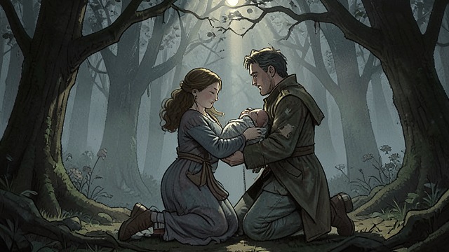 A Search in the Woods from "Hamnet". The Missing Mother Agnes gives birth alone beneath a fallen tree in the forest, away from the household that has been searching for her.