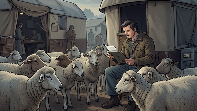 Stories at the Caravan from "Three Bags Full". Stories at the Caravan A daily audience The sheep gather outside George’s caravan while he reads novels, fairy tales, and occasional books about sheep.