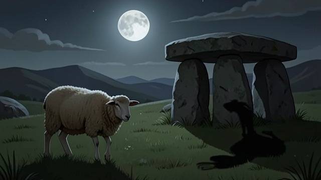 一只羊羔看见了什么,《三袋羊毛》中的场景。一只羊羔看见了什么 月光下的奇异身影 那只不知名的羊羔说,他看见铁锹,还有一个高大、毛茸茸的身影在巨石墓遗址附近跳舞。他害怕那是狼的鬼魂。 缺少细节的线索 羊羔无法准确描述那个鬼影,也说不清自己为何没有报告此事。他的恐惧带来了超自然的可能性,而年长的羊更愿意对此置之不理。
