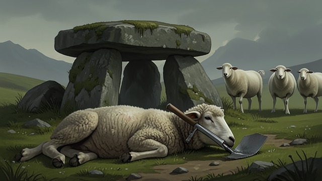 The Body in the Meadow from "Three Bags Full". The Body in the Meadow A familiar pasture changed George Glenn lies dead beside the dolmen, a spade through his body.
