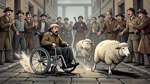 The Wheelchair at the Contest from "Three Bags Full". The Wheelchair at the Contest A moment of pursuit When the sheep present their evidence, Ham rushes toward Mopple in his wheelchair.