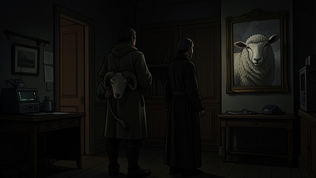 发现狼的鬼魂,《三袋羊毛》中的场景。人类眼中的鬼魂 人类讲述自己见到的鬼魂 乔治死后,哈姆和威尔神父描述了他们见到不同寻常的公羊的经历。他们的愧疚与恐惧,塑造了他们自以为见到的形象。 恐惧跨越物种 羊群得知,人类也会像羊群用自己的传说解读人类那样,以道德和宗教故事解读动物。双方都无法掌握完整的真相。