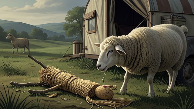 A Straw Warning from "Three Bags Full". A Straw Warning A figure with a spike Rebecca and Beth examine a straw doll pierced with a twig, which Beth found near George’s caravan.