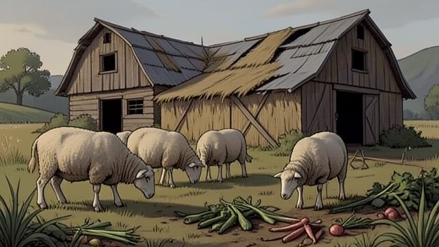 A Shepherdless Morning from "Three Bags Full". A Shepherdless Morning Routine without its keeper The sheep hesitate to leave the hay barn because George and Tess are no longer there to drive them out.