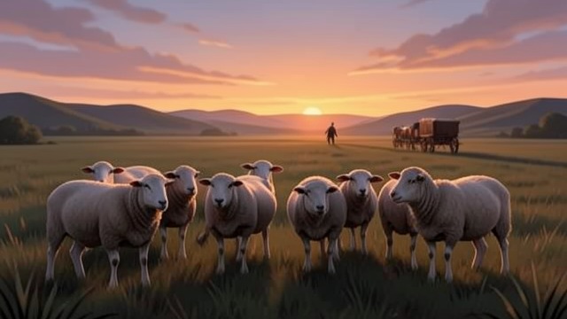 Departure at Daybreak from "Three Bags Full". Departure at Daybreak Preparing to leave Glennkill Rebecca tells the sheep that they will depart early the next morning.