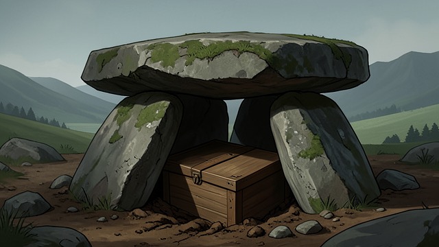 A Clue Beneath the Dolmen from "Three Bags Full". A Clue Beneath the Dolmen A hidden location The flock knows that a key and a box lie beneath the dolmen, but the purpose of both remains unclear.