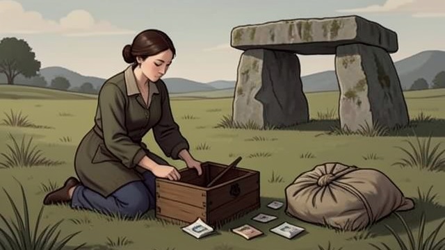 The Cache Is Found from "Three Bags Full". The Cache Is Found A hiding place exposed Rebecca opens the box beneath the dolmen and finds many small packages, a larger parcel, and a file.