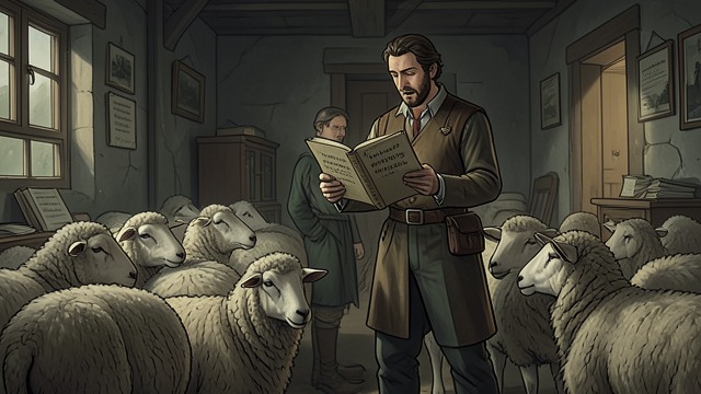 A Shepherd in the Meadow from "Three Bags Full". A Shepherd in the Meadow Work and companionship George tends the sheep, repairs their surroundings, and reads to them after the day’s grazing.