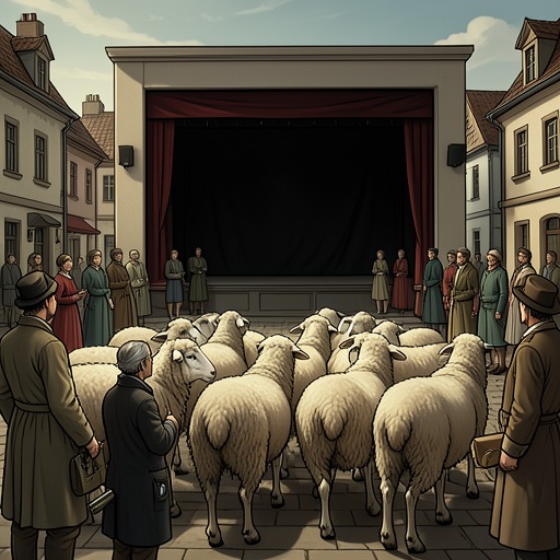 The Contest as a Public Reckoning from "Three Bags Full". The flock turns a village spectacle into an attempt to communicate George Glenn’s death to humans who have learned to watch sheep for entertainment.
