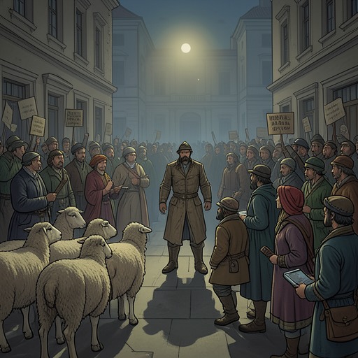 The Flock Learns to Read Human Power from "Three Bags Full". Encounters with villagers, a butcher, and two shepherds expose how humans use fear, institutions, and appearances to control others.