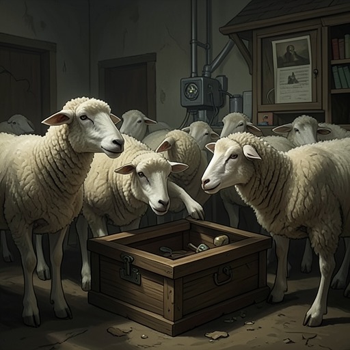 The Sheep’s Changing Idea of Things from "Three Bags Full". The flock’s distrust of human objects shifts as possessions become clues, hazards, gifts, and records of attachment.