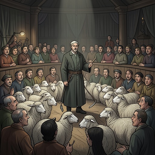 The Flock’s Performance of Intelligence from "Three Bags Full". The sheep enter a contest built around tricks and entertainment, then use the human gaze to stage a message of their own.