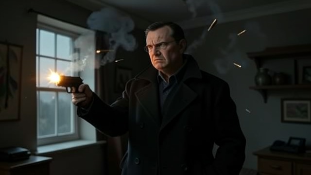 A Shot in the Flat from "Firewall". The Investigator Becomes a Target A Narrow Escape A gunman shoots at Wallander in Falk’s apartment, missing him by centimeters.