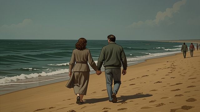 A Return to the Water from "Secret Invasion". A Return to the Water Caution remains Mason and Eaver relax on a sparsely occupied beach, noticing that others still keep their distance from the sea.