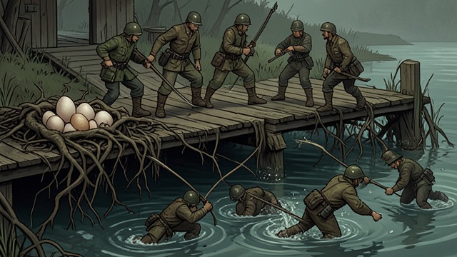 The Riverbank Counterattack from "Secret Invasion". The Riverbank Counterattack A nest over water National Guard troops find eggs among trees rooted in a ruined dock.