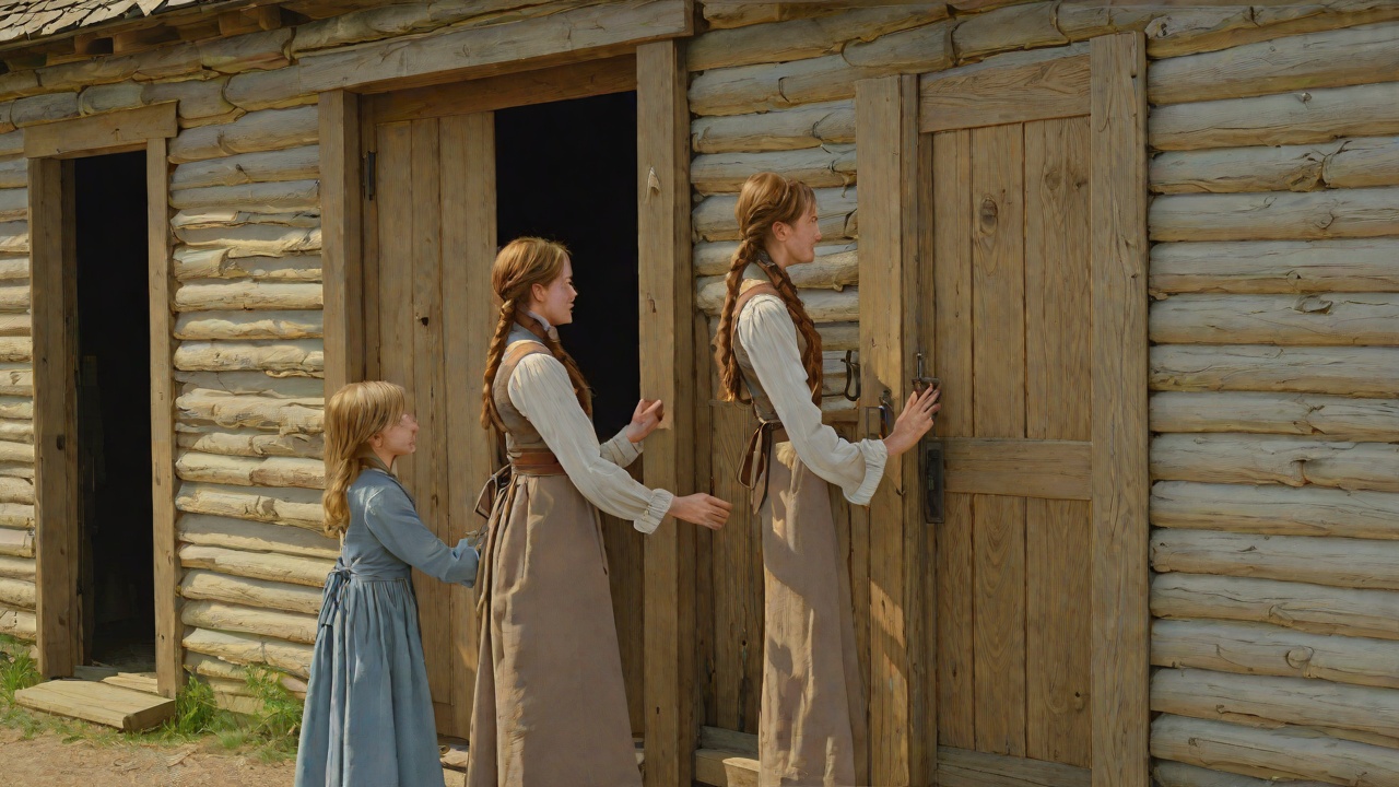 Laura Holds the Door for Pa from "Little House on the Prairie". Laura Holds the Door for Pa Scene While Mary watches, Laura helps Pa make the door, holding it steady while he fastens the hinges.