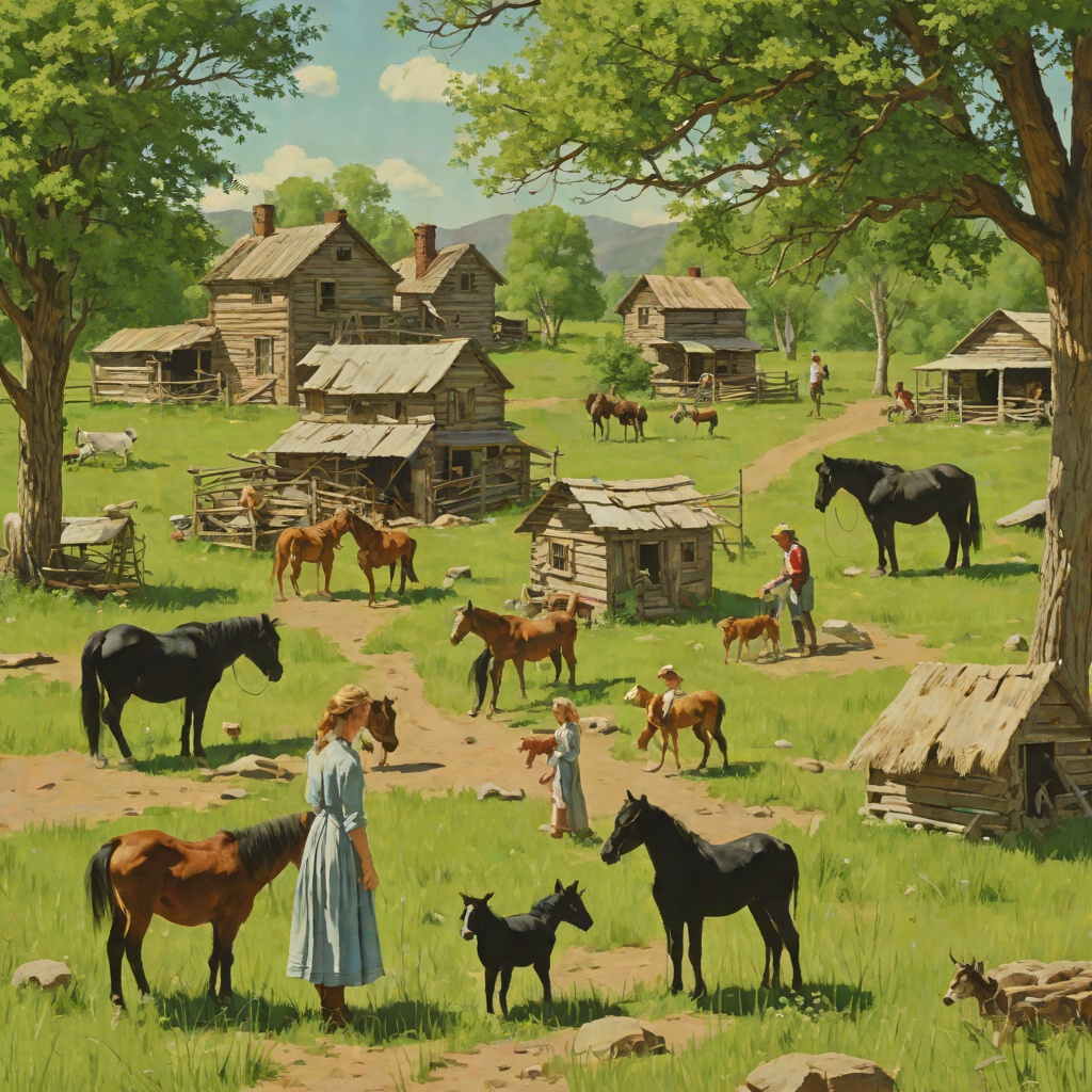 Pet, Patty, and the Animals of the Homestead from "Little House on the Prairie". This branch follows the animal life of the claim, from the two black horses and their colt to the cow and calf and the dog Jack.