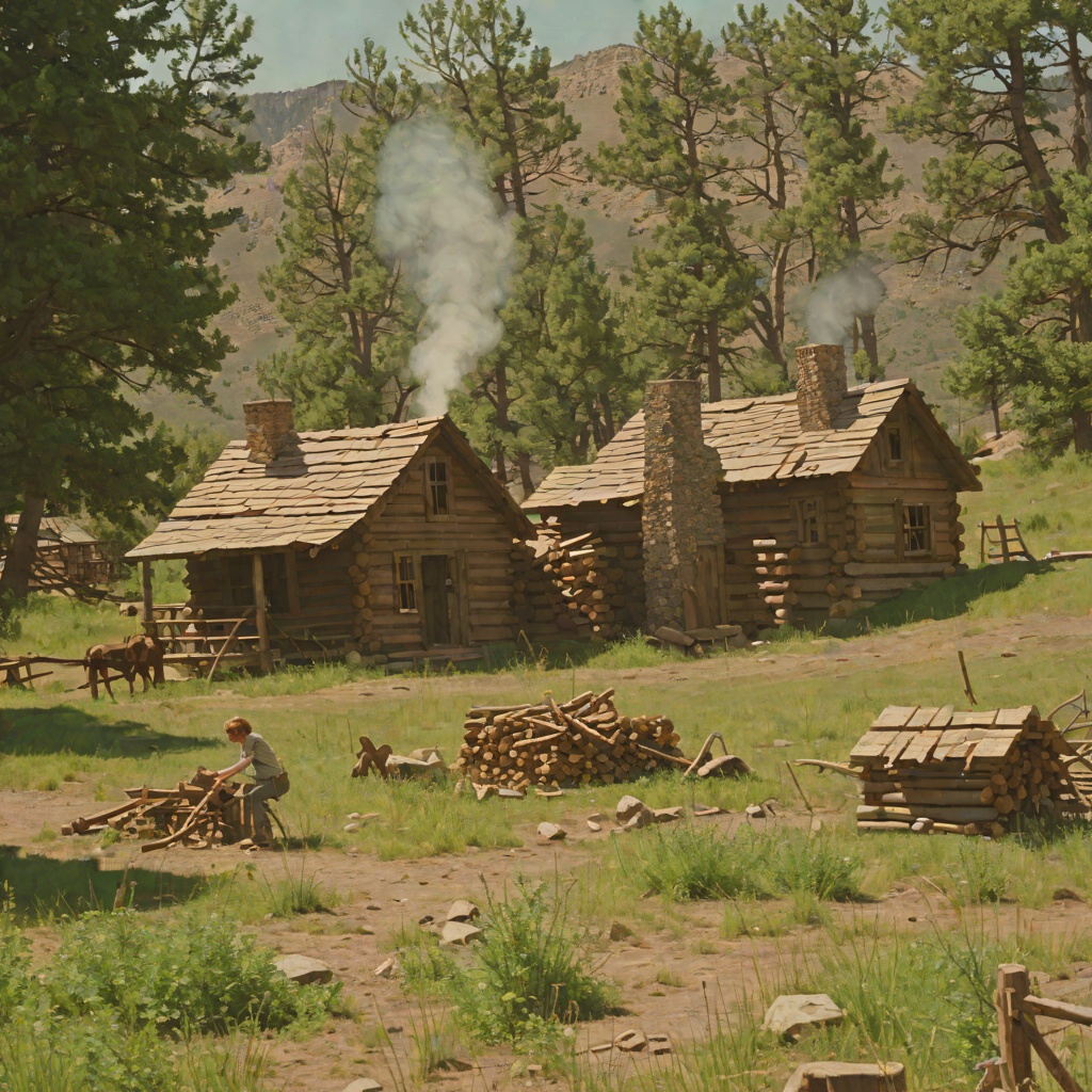 Raising the Little House on the Prairie from "Little House on the Prairie". This flow follows the construction of the log house from the first logs at the creek to the finished door, floor, roof, and fireplace.