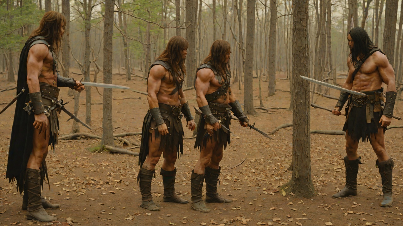 The First Meeting from "Conan the Barbarian". The First Meeting A dry leaf rustles under Conan's foot and the woman in black leather turns, knife drawn, toward his chest.