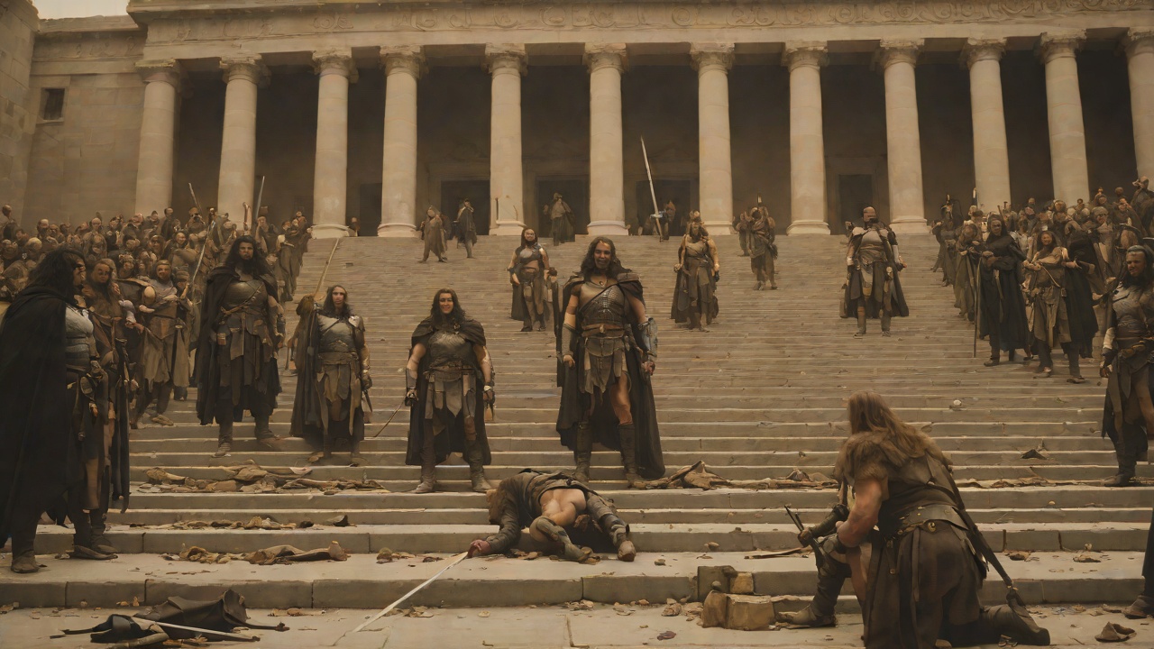 The Fallen Monarch from "Conan the Barbarian". The Fallen Monarch Osric's bodyguards draw their swords and butcher him on the steps of the dais.