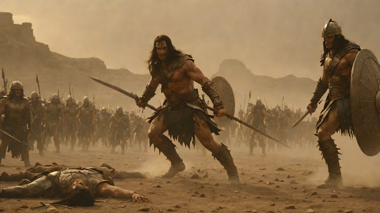 The Battlefield Vision from "Conan the Barbarian". The Battlefield Vision With Conan on his knees and Rexor charging, a radiant figure in winged helmet appears beside him.