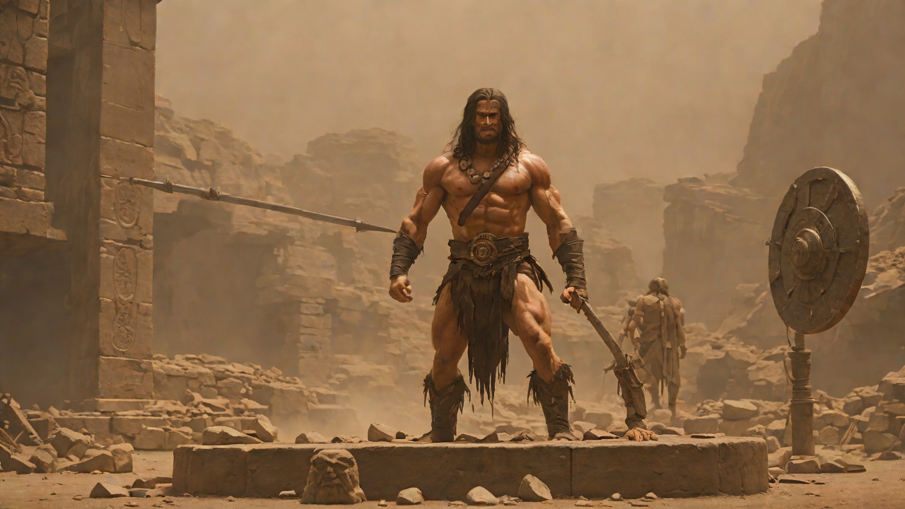 The Champion Marketed from "Conan the Barbarian". The Champion Marketed Toghrul displays Conan naked on a revolving platform for coin, showing off his muscles like livestock.