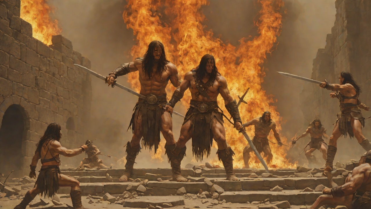 The Burning Duel from "Conan the Barbarian". The Burning Duel Rexor blocks the stair with four beast-men and faces Valeria, then Conan.