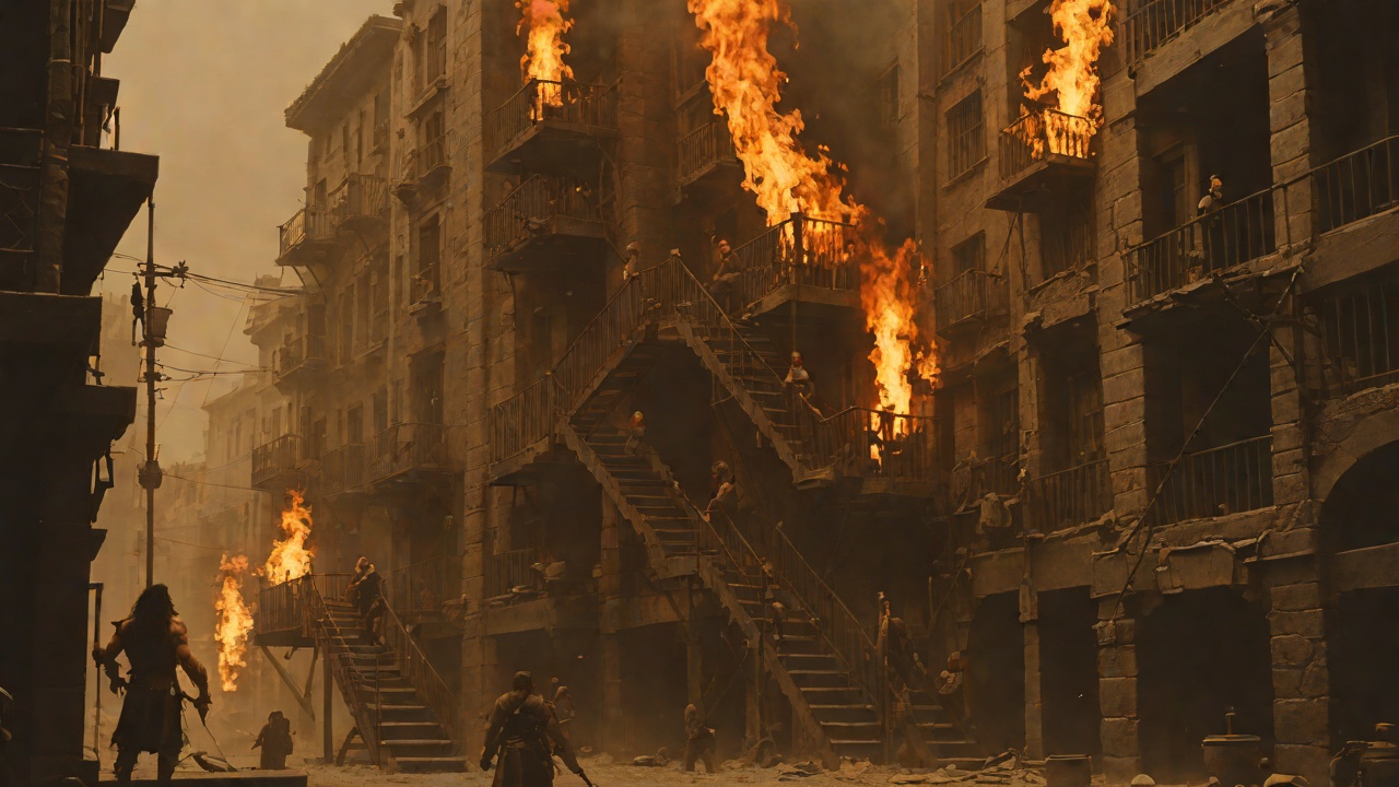 The Fire Escape from "Conan the Barbarian". The Fire Escape Conan seizes his father's blade, and Subotai touches candle flame to the veils of Thulsa Doom's retreat.