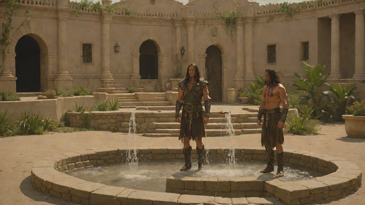 The Garden Interrogation from "Conan the Barbarian". The Garden Interrogation Rexor throws the beaten Conan into a fountain and orders him cleaned before the Master arrives.