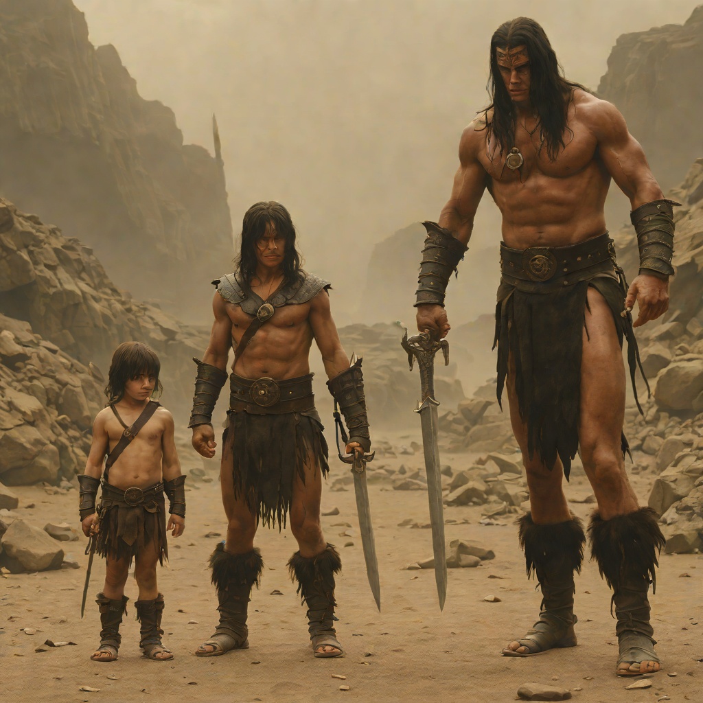 Father and Son from "Conan the Barbarian". The bond between Corin and Conan, carried across a lifetime of loss and restored when Conan takes up his father's Atlantean blade.