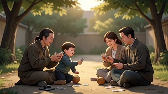 Learning Through Play from "Strangers". Learning Through Play Hideo plays catch and learns Hanafuda cards with his returned parents.