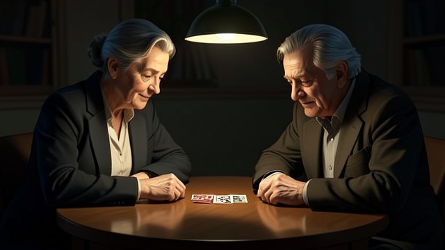 A Team at the Card Table from "Strangers". A Team at the Card Table Hideo’s parents play cards competitively, teasing him and each other without losing their shared good humor.