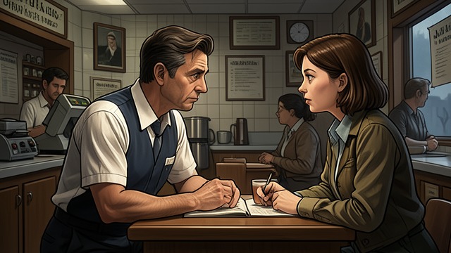 A Kind Diner Counterman from "The Ax". A Kind Diner Counterman A Human Conversation Burke finds Dynes working at SnowBird and speaks with him as a customer.