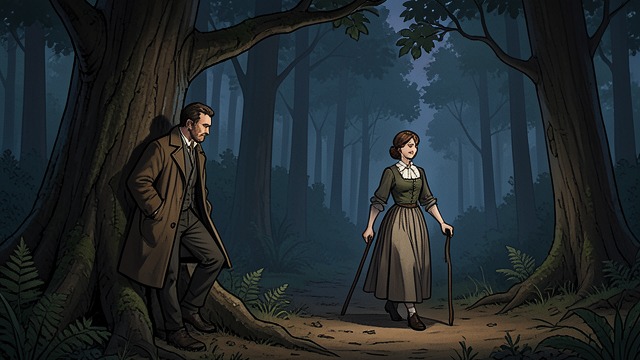 A Witness in the Woods from "The Ax". A Witness in the Woods The Wife’s Walking Route Burke enters the woods behind Blackstone’s property and hides when he hears someone approaching.