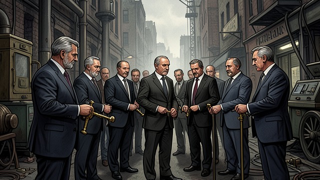 The World Stops from "The Ax". The World Stops A Catastrophic Image Burke imagines executives preparing for a final stop by making their companies as efficient as possible.