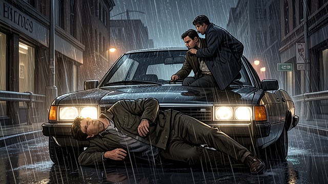A Body Will Not Cooperate from "The Ax". A Body Will Not Cooperate The Vehicle Attack Burke strikes Dynes with the Voyager in darkness and rain.