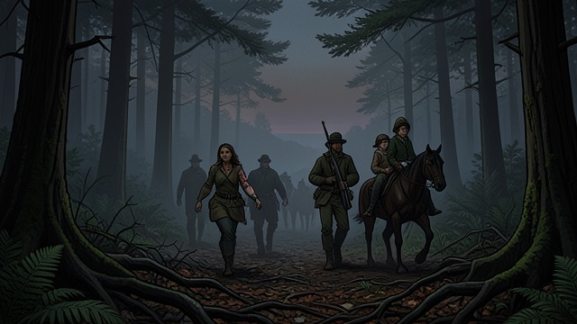 Leaving the Thicket from "The Thicket". Return Through Ruin Departure The survivors leave with bodies, weapons, horses, and the rescued Lula Parker.