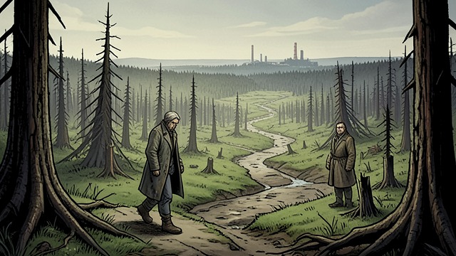 Environmental Ruin from "The Thicket". Forest Cut Open Change Logging roads, stumps, burned timber, and oil towers scar the country.