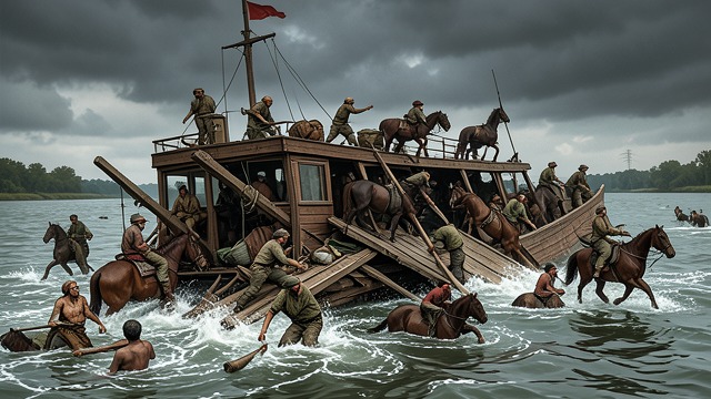 Ferry Fragmentation from "The Thicket". The Gang Splits Shock The Sabine River ferry disaster scatters horses, fugitives, and victims.